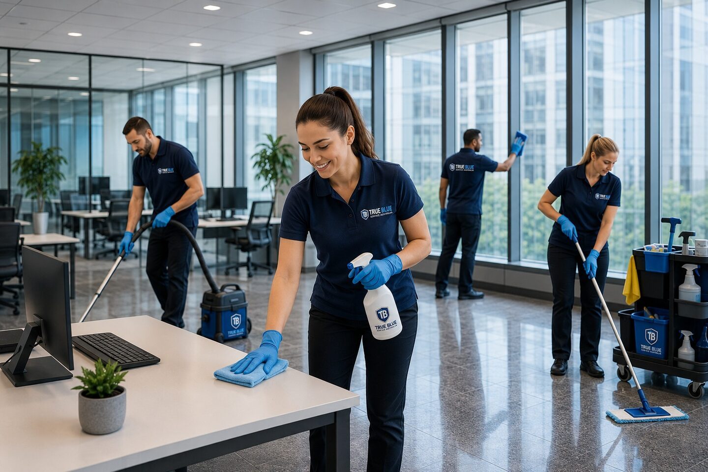 True Blue team cleaning a modern open-plan office in Sydney