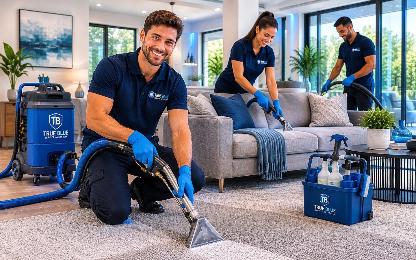 True Blue technician steam-cleaning a carpet in a Sydney living room