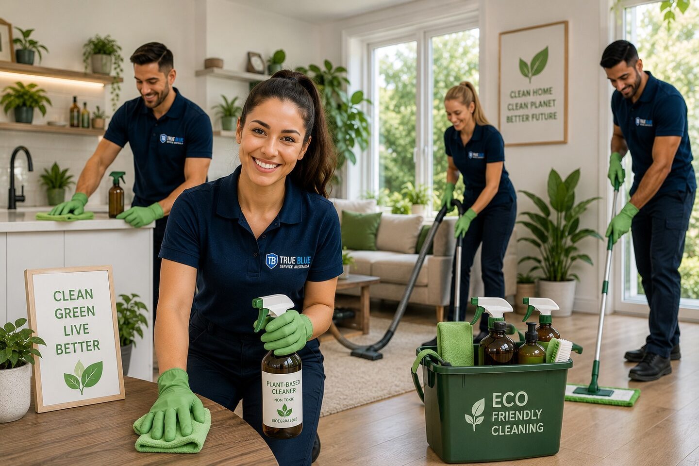 True Blue team using plant-based, low-tox cleaning products in a Sydney home