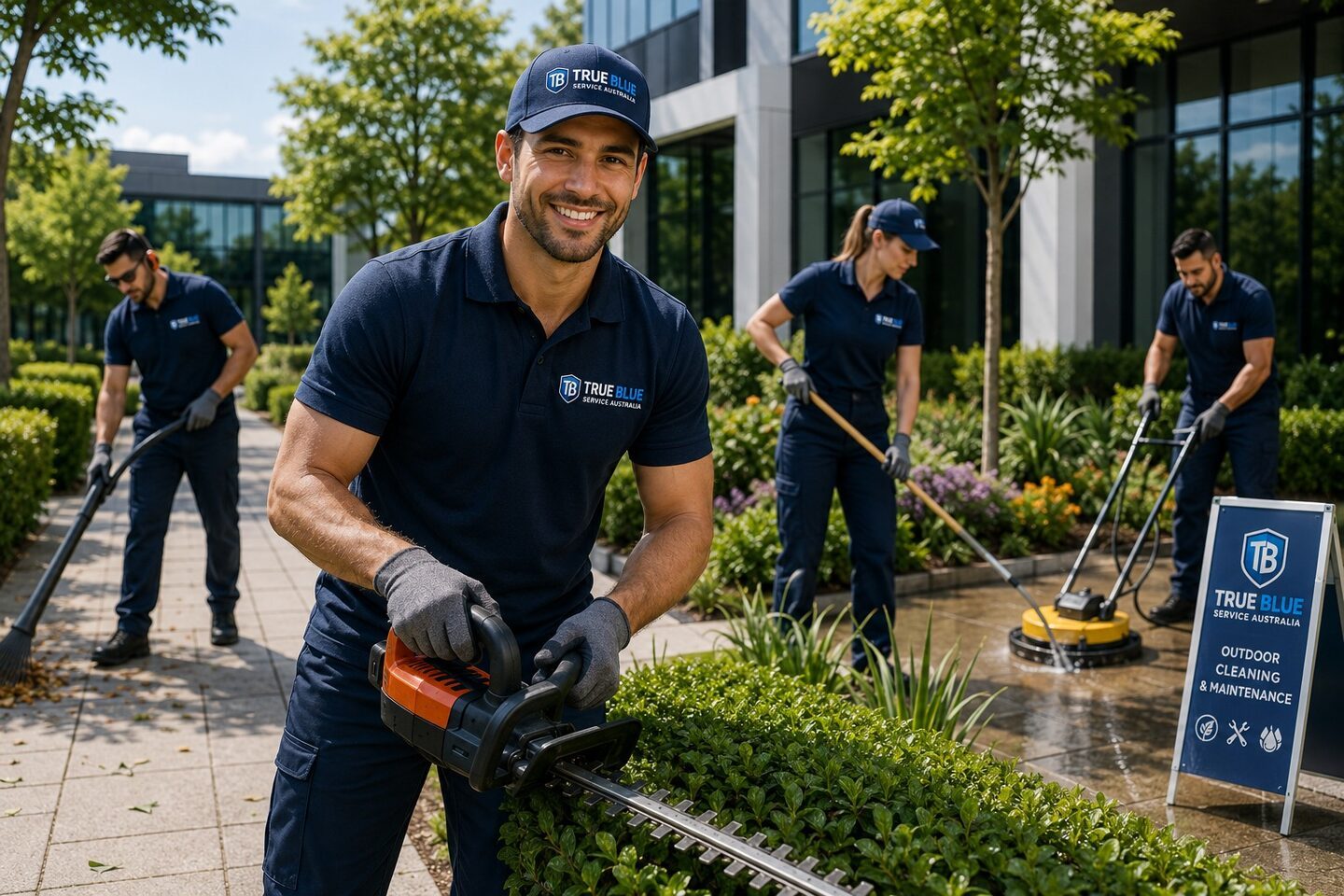 True Blue team hedging and pressure-cleaning outdoor areas at a Sydney property