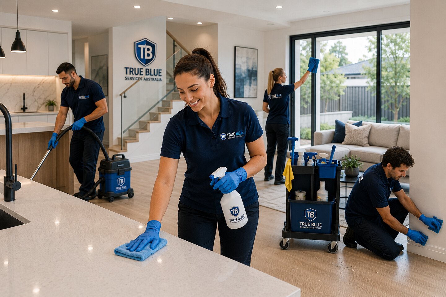True Blue team performing a post-construction clean in a finished Sydney office