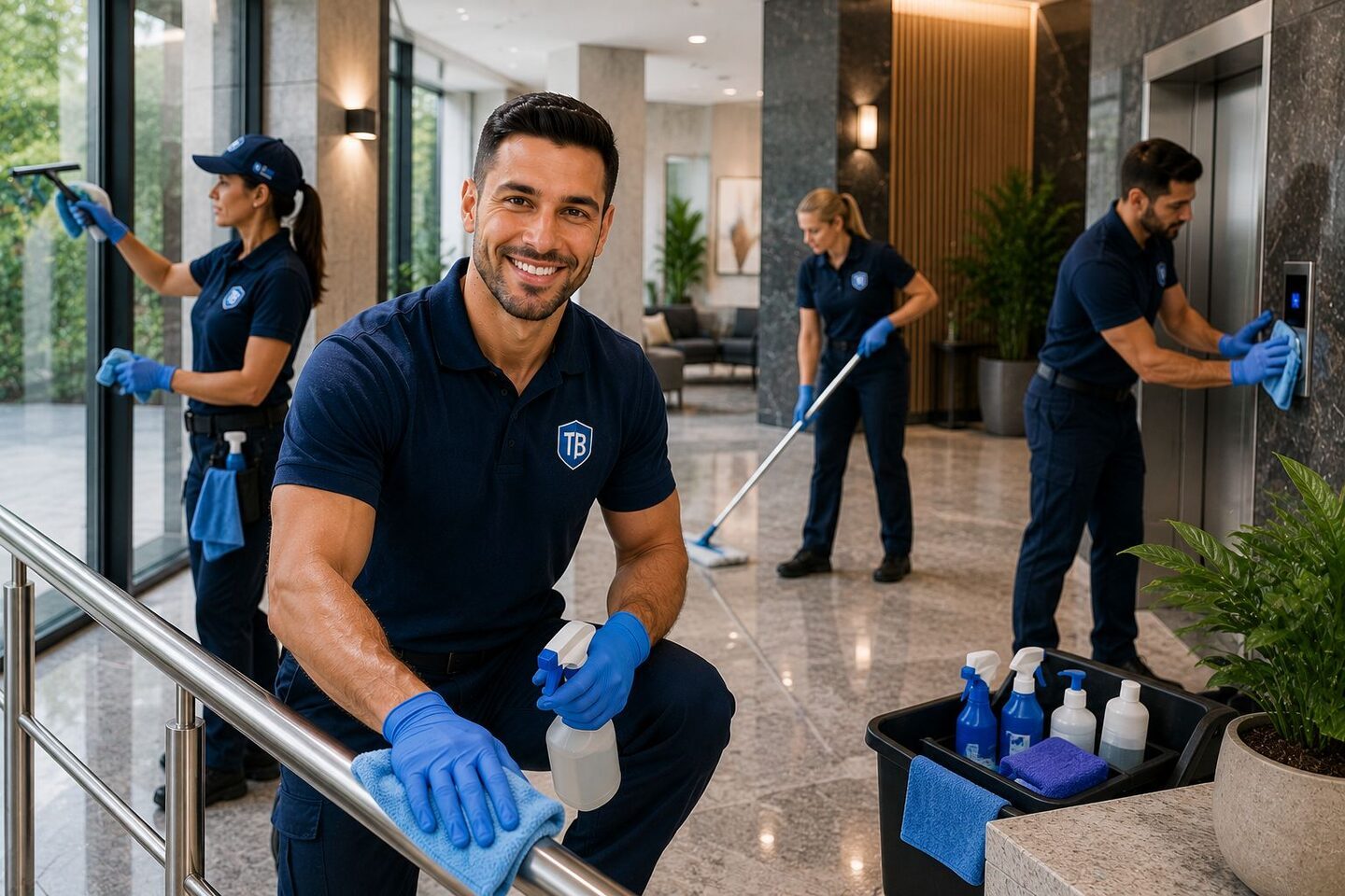 True Blue team cleaning surfaces, glass and floors in a Sydney strata lobby