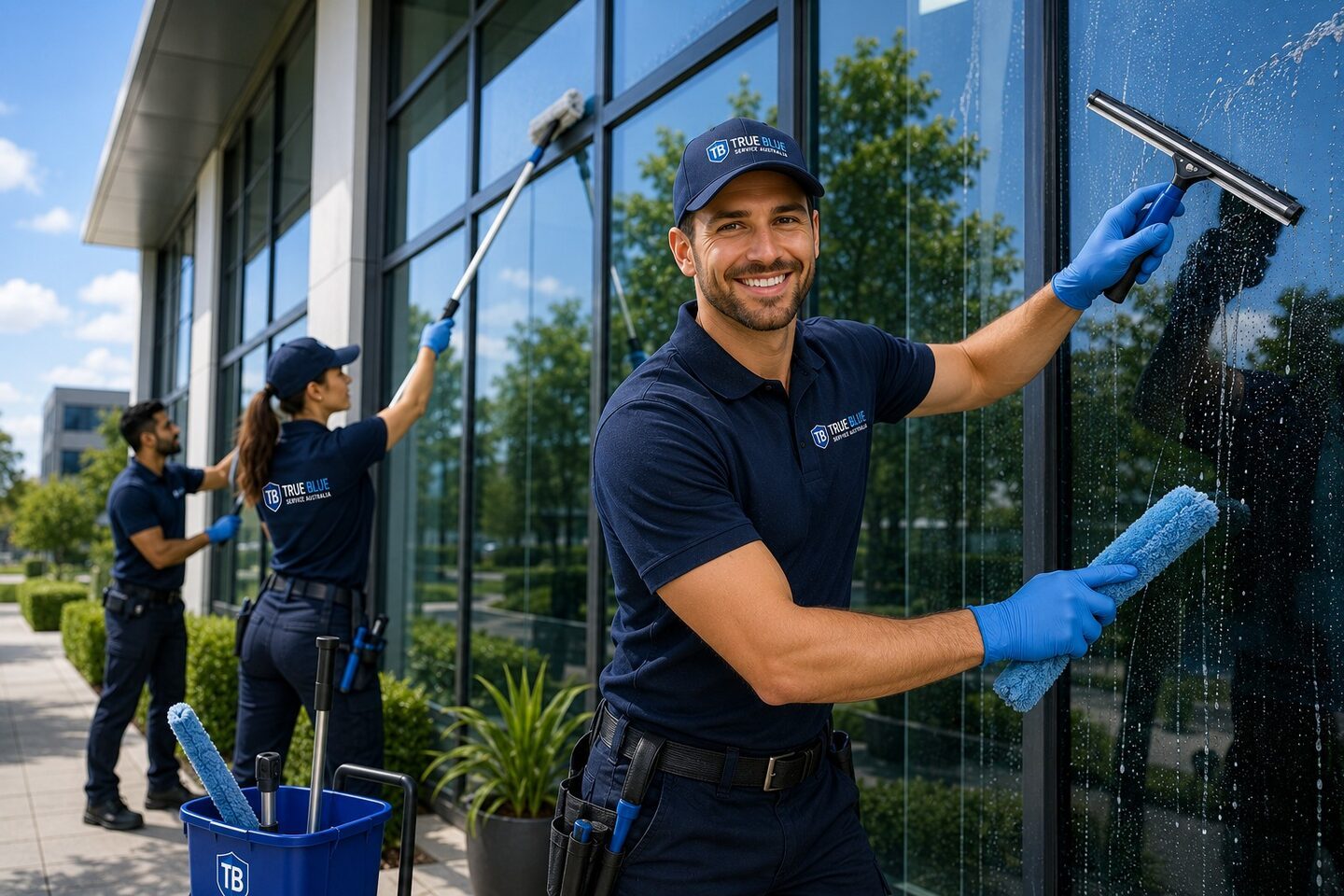 True Blue team squeegeeing and cleaning windows on a Sydney building